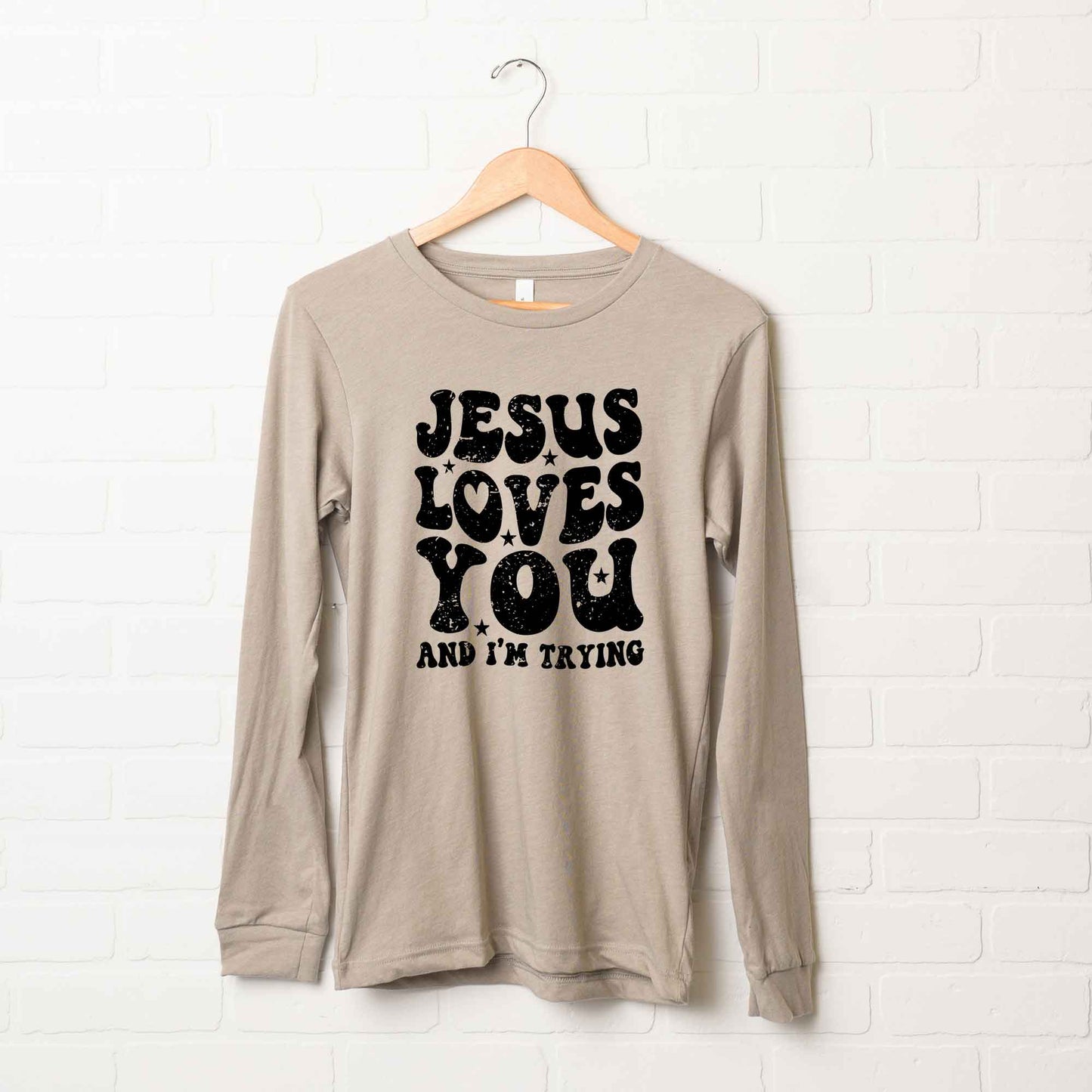 Jesus Loves I'm Trying Wavy | Long Sleeve Crew Neck