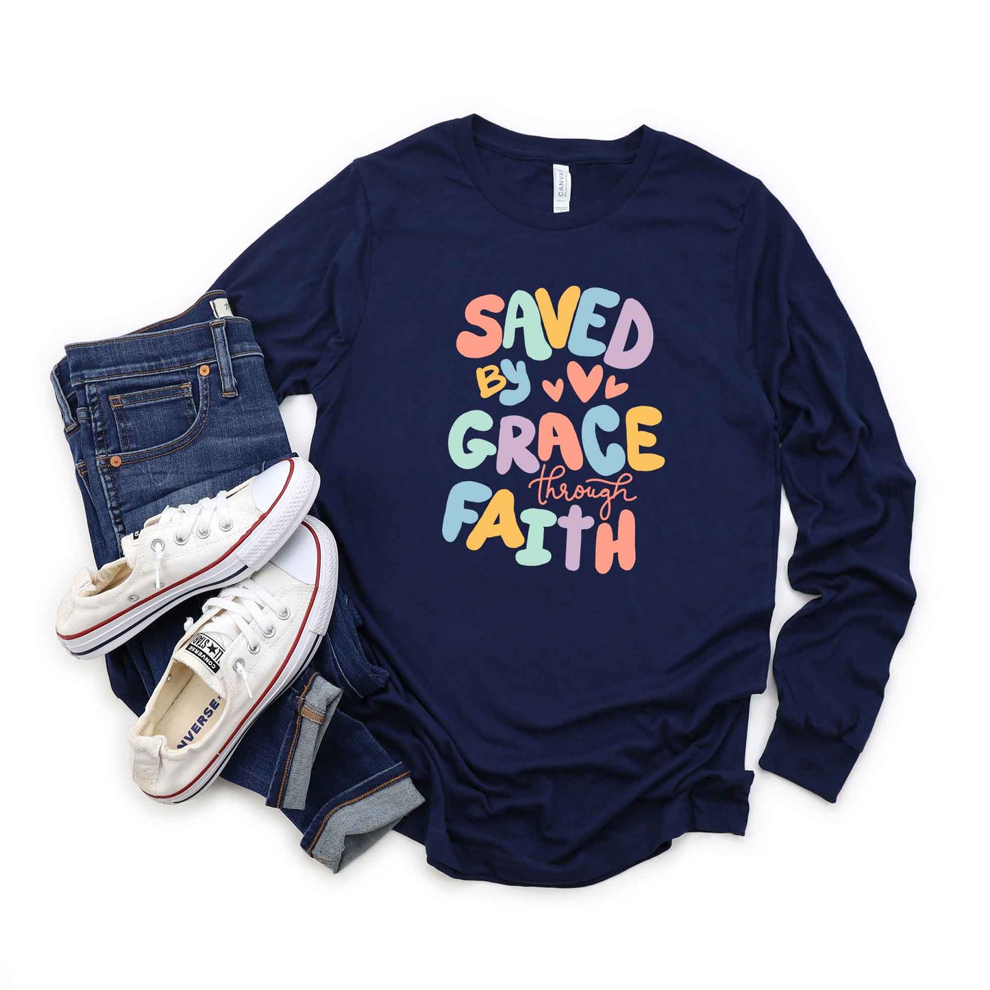 Saved By Grace Hearts | Long Sleeve Crew Neck