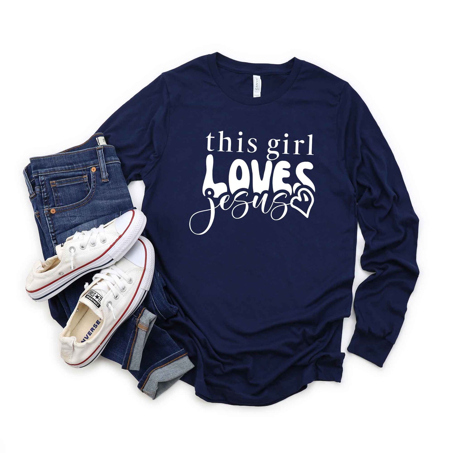 This Girl Loves Jesus Heart | Long Sleeve Crew Neck