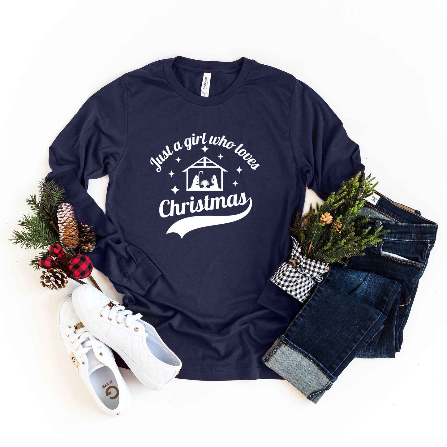 Just A Girl Who Loves Jesus Manger | Long Sleeve Crew Neck