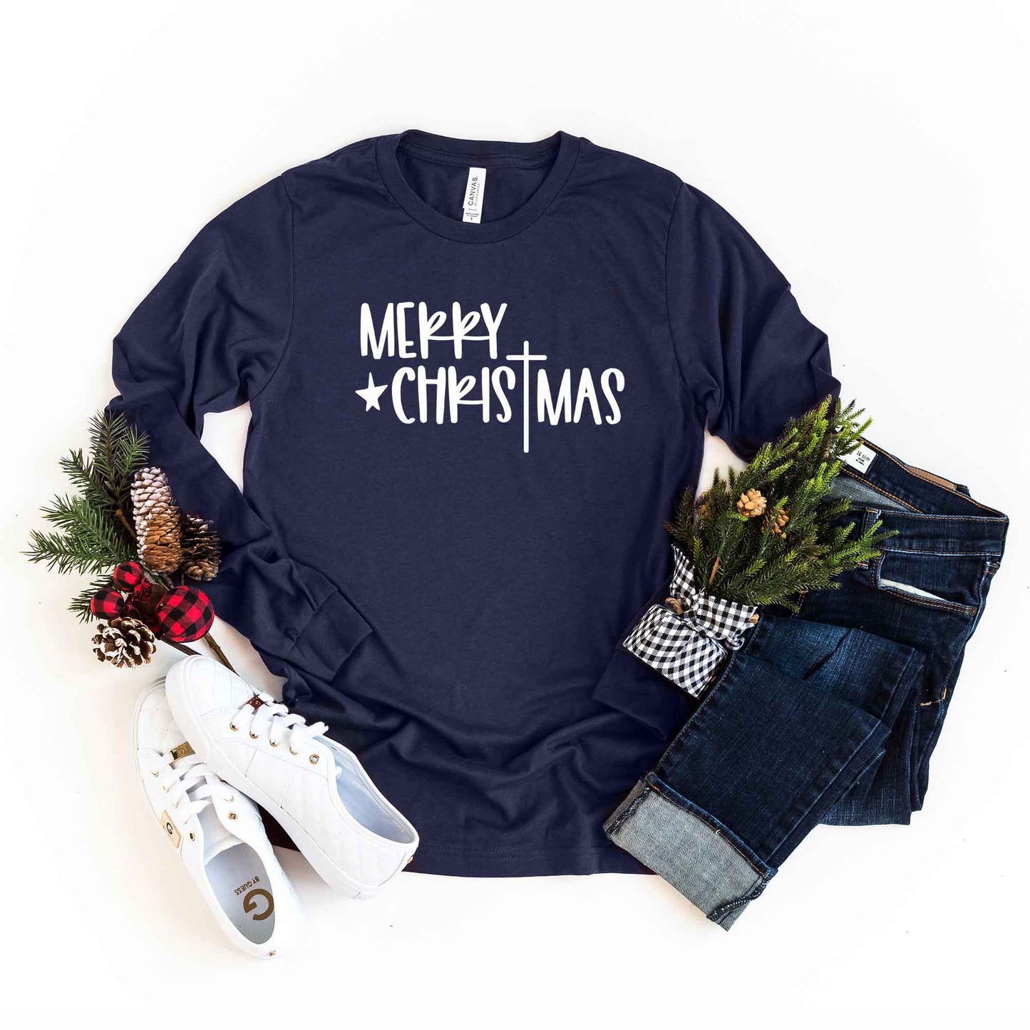 Merry Christmas Cross | Long Sleeve Crew Neck