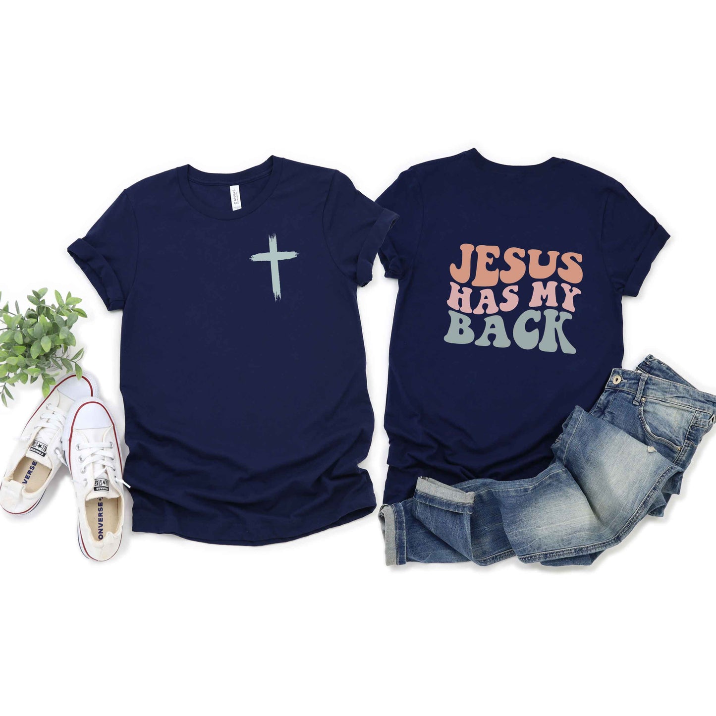 Jesus Has My Back Wavy | Short Sleeve Crew Neck | Front And Back Ink