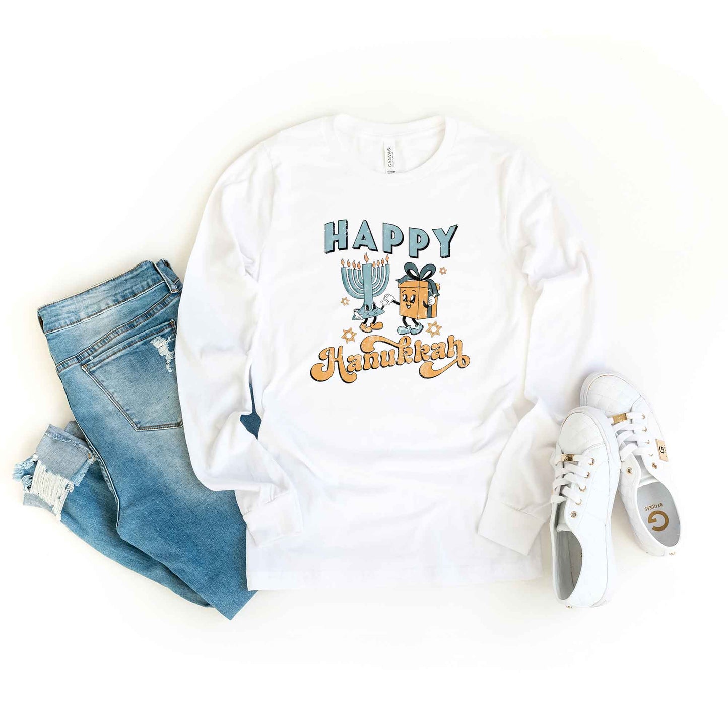 Happy Hanukkah Distressed | Long Sleeve Crew Neck