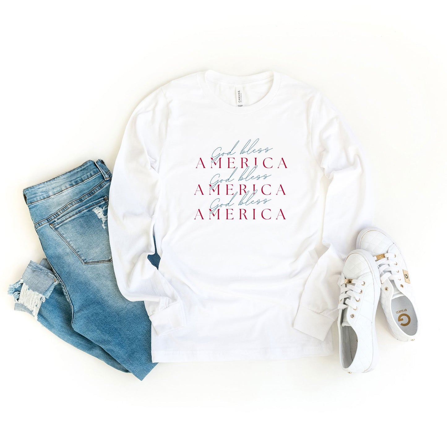 God Bless America Stacked | Long Sleeve Crew Neck