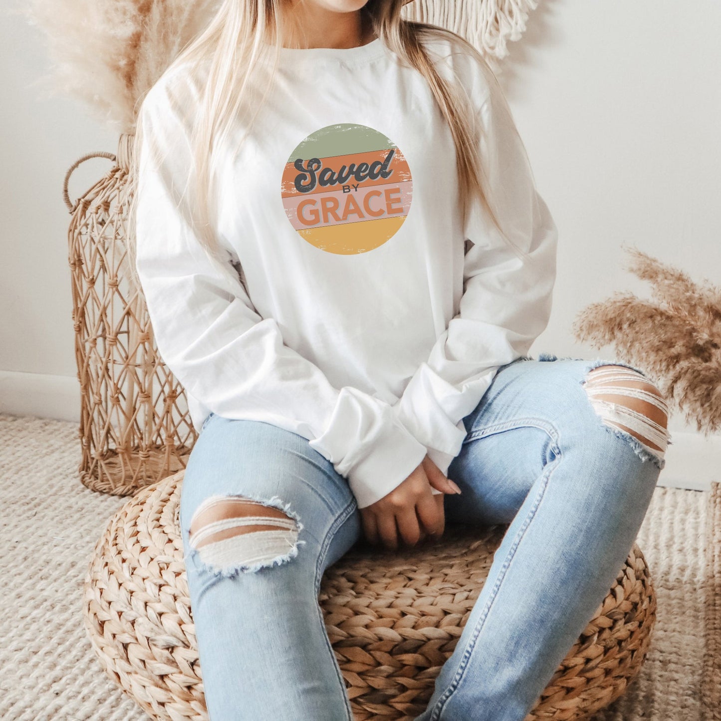 Retro Saved By Grace | Long Sleeve Crew Neck