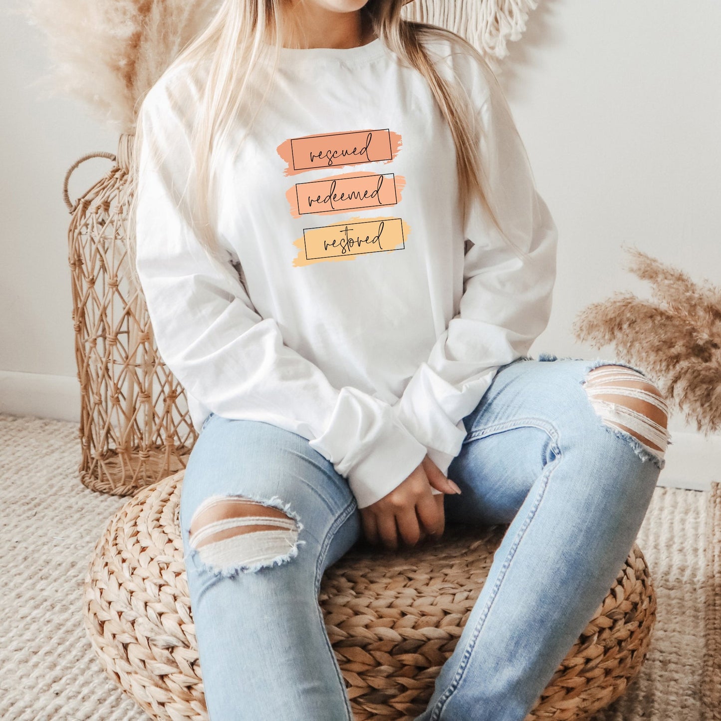 Rescued Redeemed Restored Brushstrokes | Long Sleeve Crew Neck