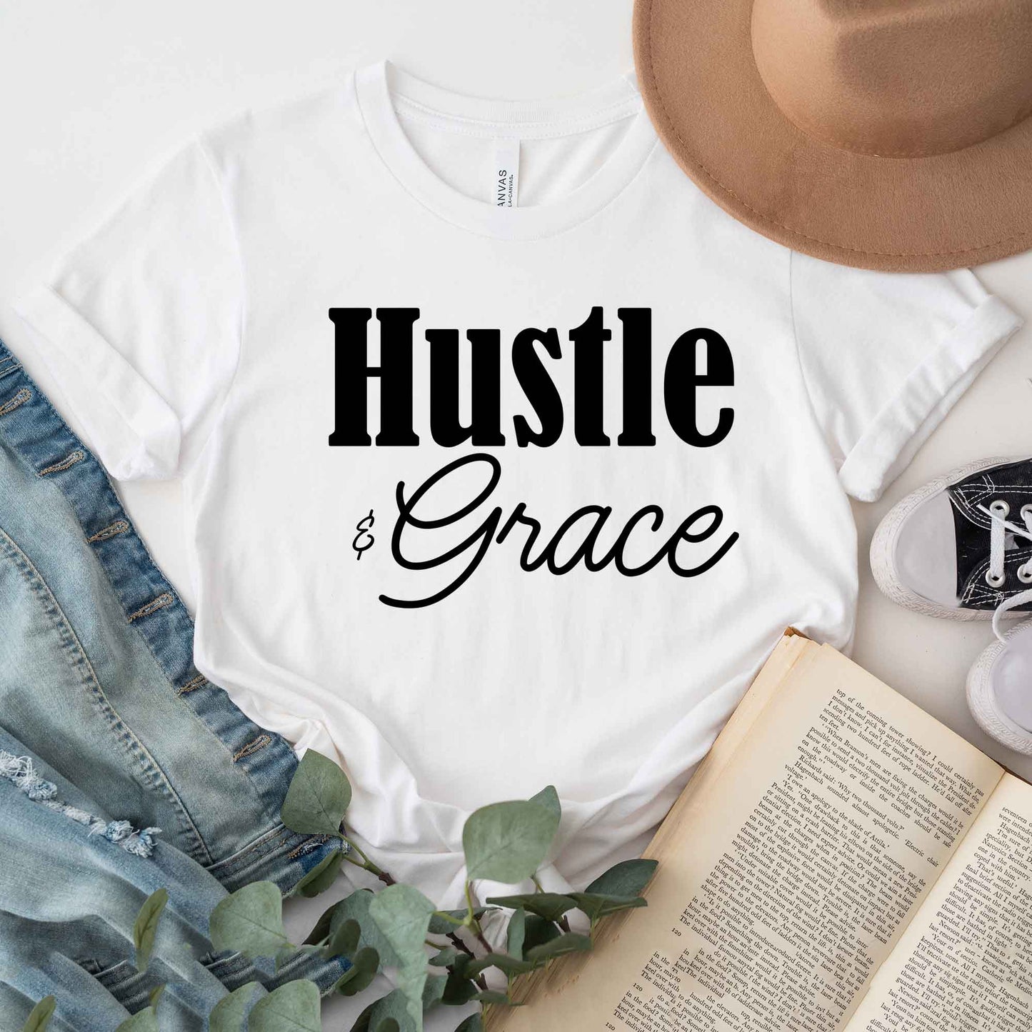 Hustle And Grace Cursive | Short Sleeve Crew Neck