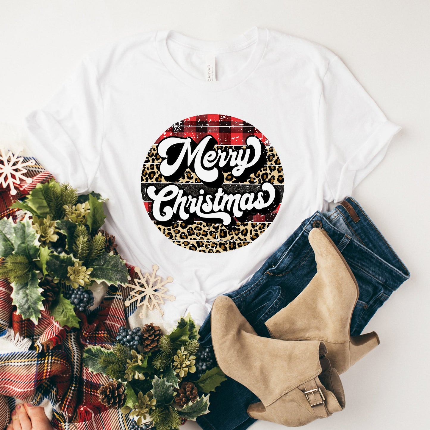 Buffalo Plaid Leopard Merry Christmas | Short Sleeve Crew Neck