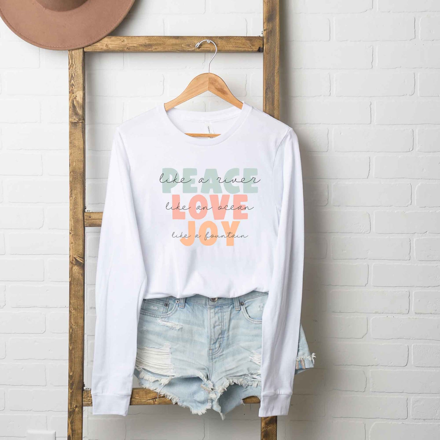 Peace Love Joy Colorful With Script | Long Sleeve Crew Neck