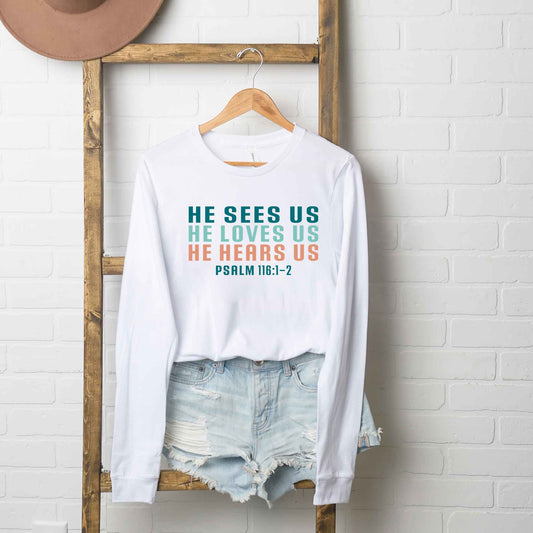 He Sees Us Colorful Words | Long Sleeve Crew Neck