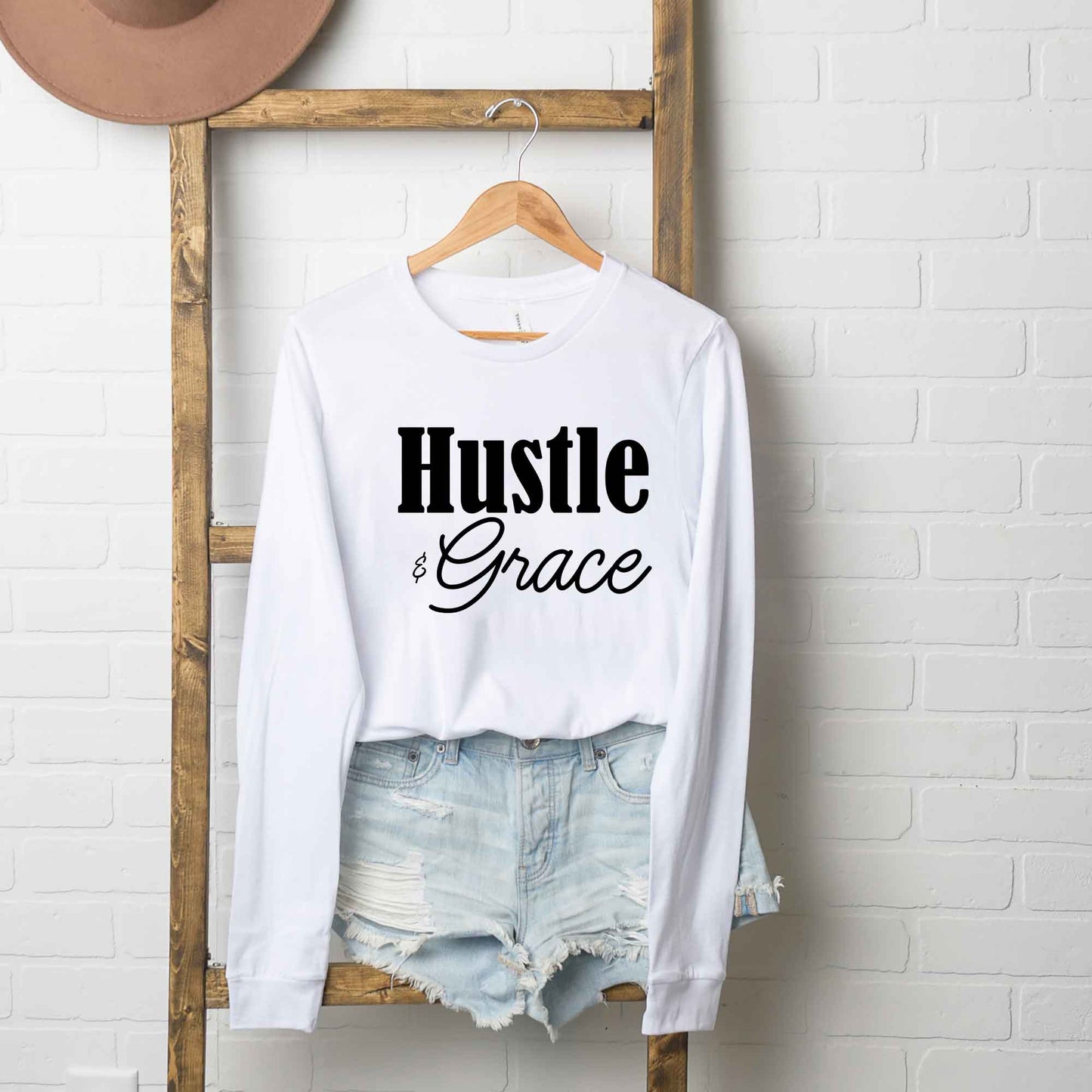 Hustle And Grace Cursive | Long Sleeve Crew Neck