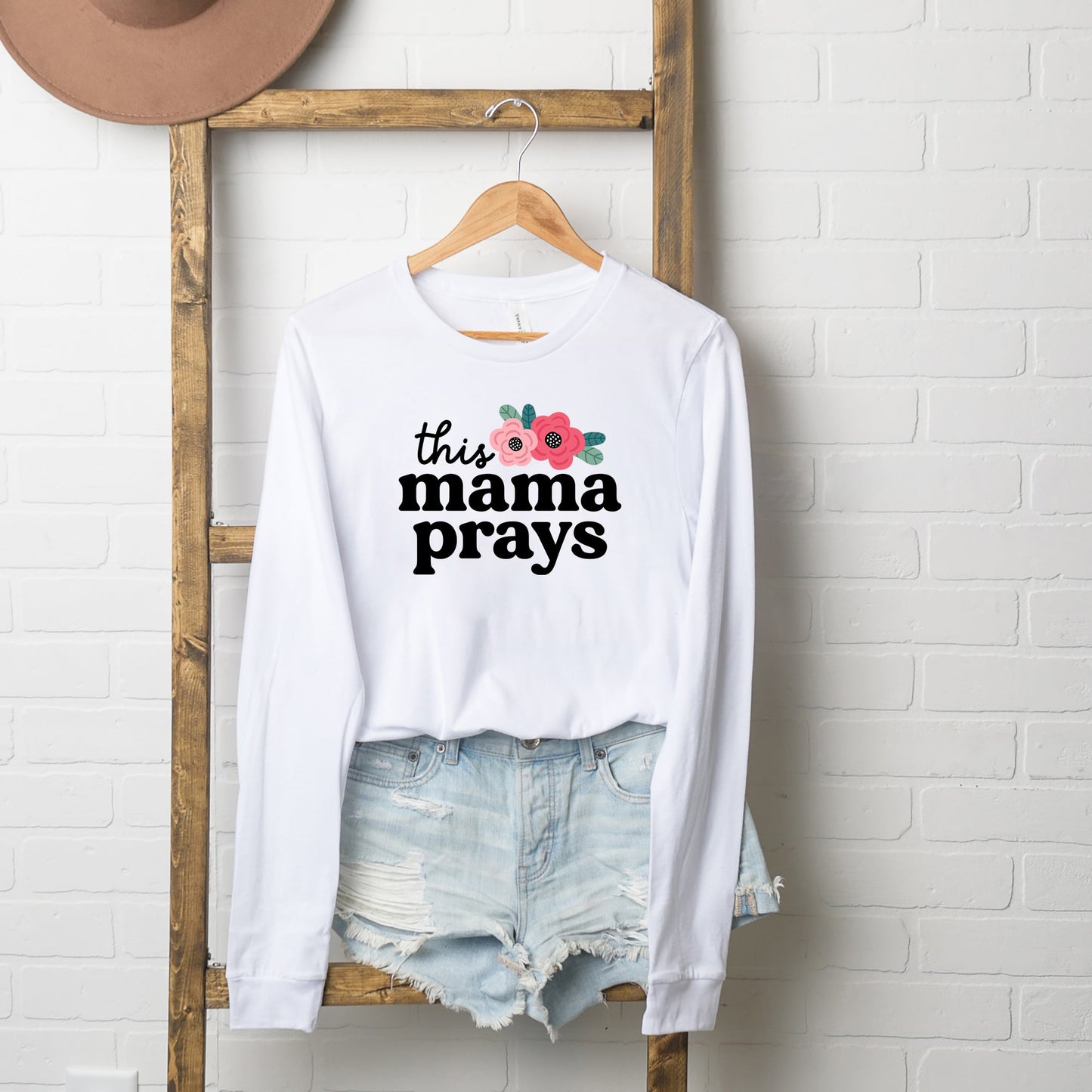 This Mama Prays Flowers | Long Sleeve Crew Neck