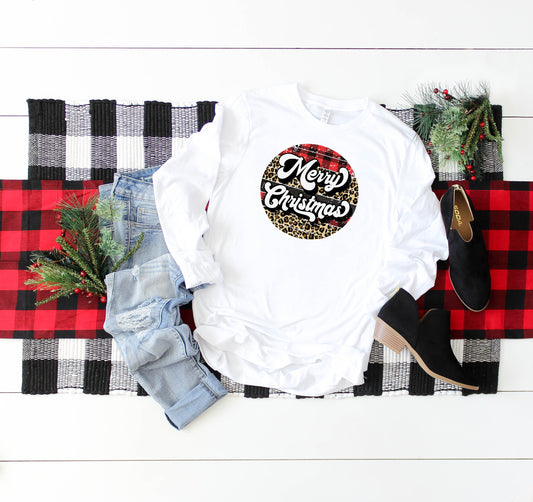 Buffalo Plaid Leopard Merry Christmas | Long Sleeve Crew Neck