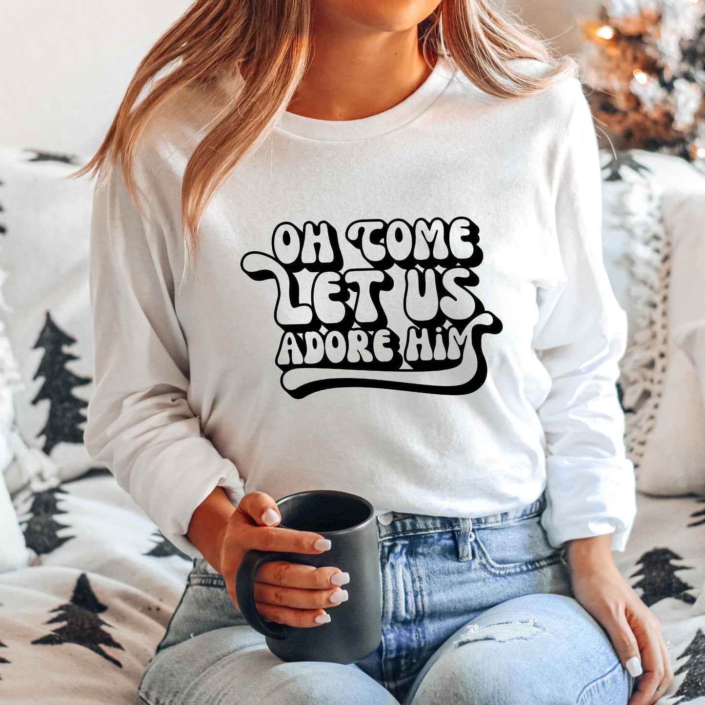 Oh Come Let Us Adore Him Retro | Long Sleeve Crew Neck